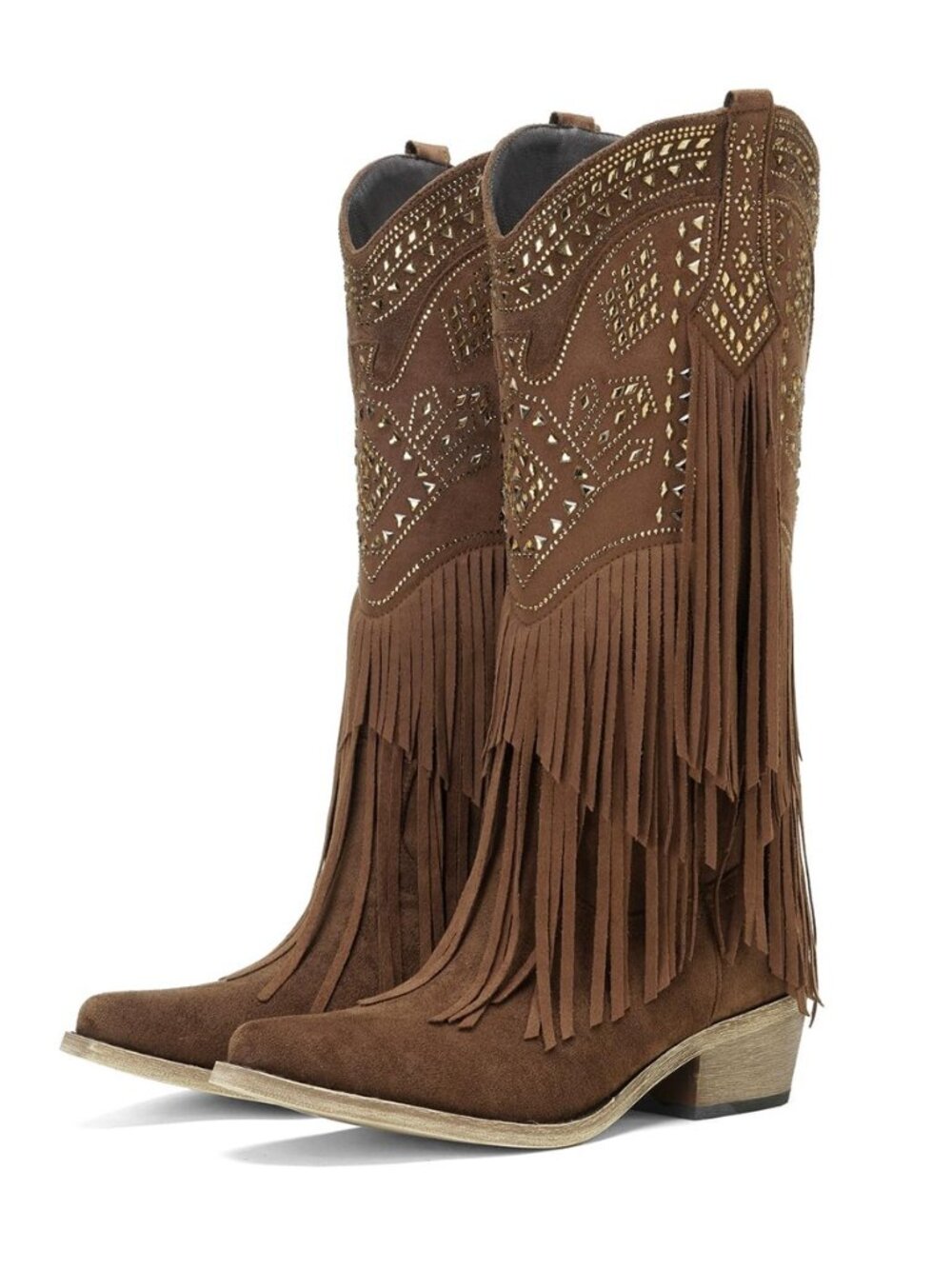 Cowboy Boots for Women Knee High Cowgirl Western Fringe Boots Rhinestone Chunky